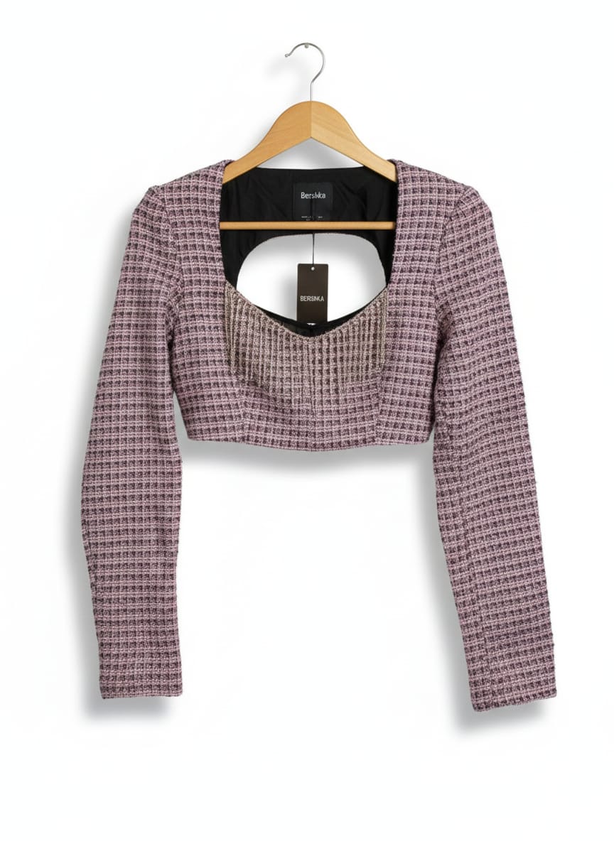 BERSHKA|S|BUST 17|Pink Tweed Cropped Top With Rhinestone Fringe