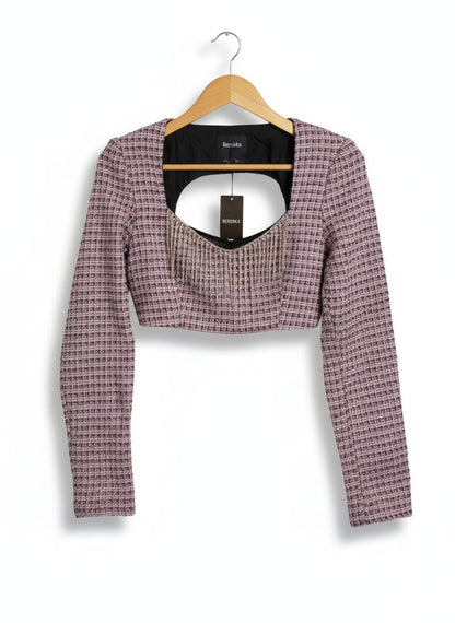 BERSHKA|S|BUST 17|Pink Tweed Cropped Top With Rhinestone Fringe