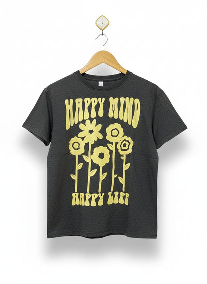 MODERN LUX|XS|BUST 20| GREY HAPPY MIND HAPPY LIFE FLORAL GRAPHIC TEE