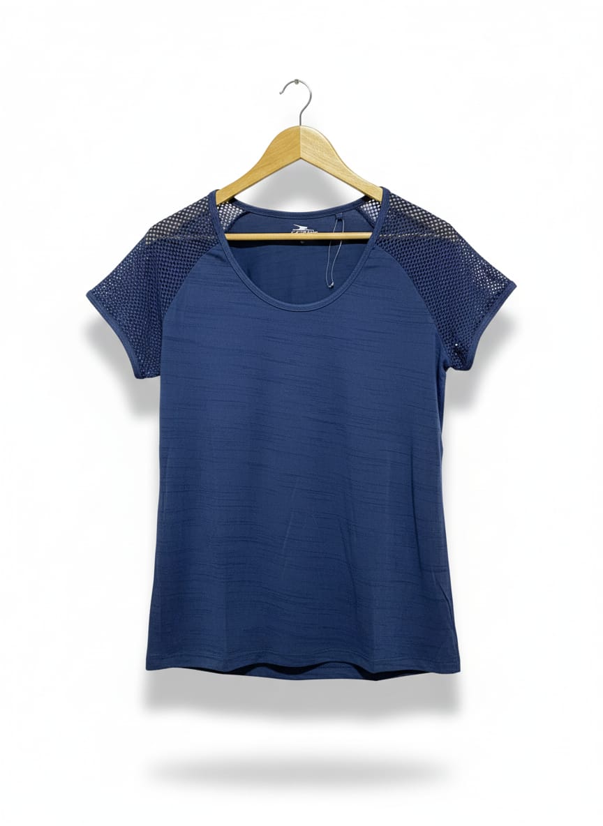CRANE|L|BUST 20|Women's Blue T-Shirt With Mesh Sleeves
