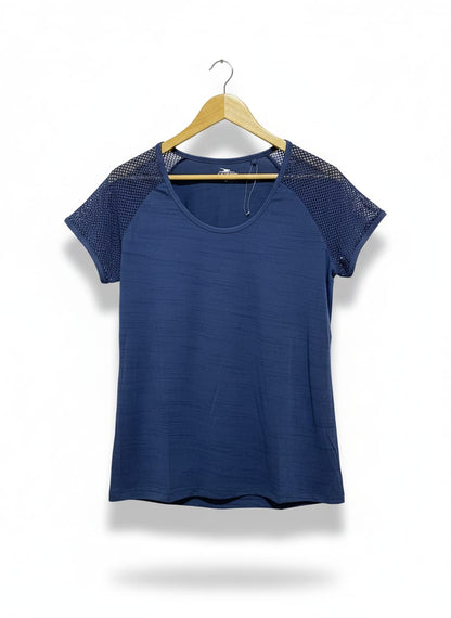 CRANE|L|BUST 20|Women's Blue T-Shirt With Mesh Sleeves