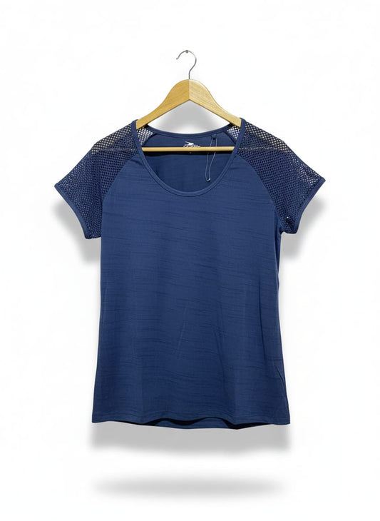 CRANE|L|BUST 20|Women's Blue T-Shirt With Mesh Sleeves