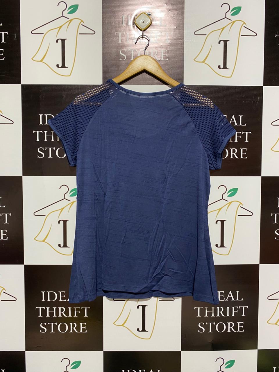 CRANE|L|BUST 20|Women's Blue T-Shirt With Mesh Sleeves