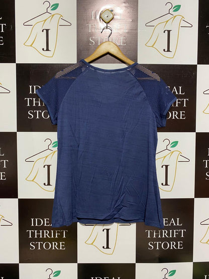 CRANE|L|BUST 20|Women's Blue T-Shirt With Mesh Sleeves