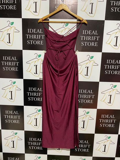 SHEIN HAUTE|M |BUST 15|Burgundy Cowl-Neck Open-Back Side-Slit Maxi Dress
