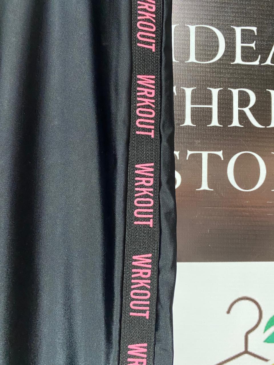 WORKOUT|M/L|WAIST 28|WOMEN'S BLACK HIGH-WAISTED ATHLETIC LEGGINGS WITH PINK WORKOUT LOGO SIDE STRIPES