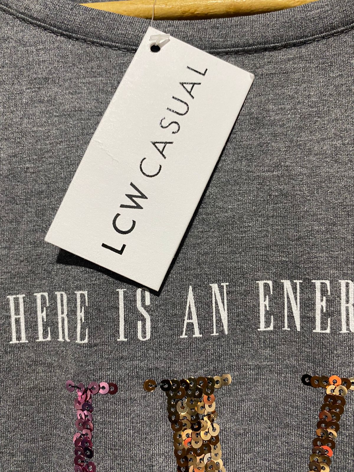 LCW CASUAL|M|BUST 18|GREY LONG SLEEVE "NYC" SEQUINED TOP