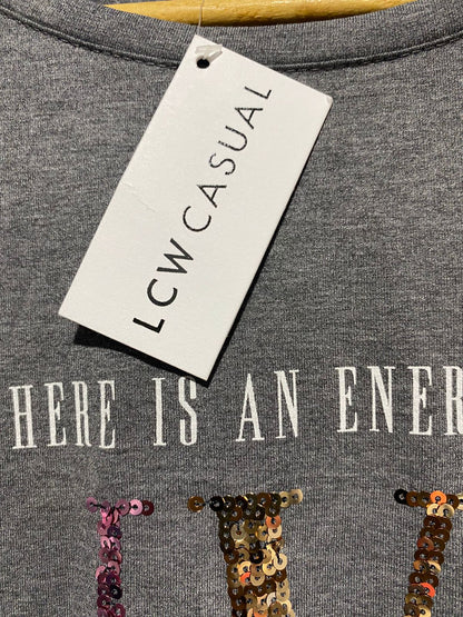 LCW CASUAL|M|BUST 18|GREY LONG SLEEVE "NYC" SEQUINED TOP