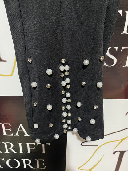 SHEIN|M|WAIST 27|Women's Black Ankle Pants with Pearl Hem Embellishment