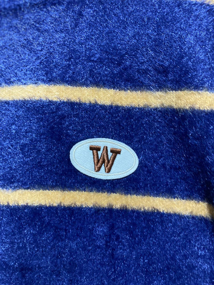 Vintage-Style Blue and Mustard Striped Jumper: Wool Blend, High Neck |S|BUST 17|