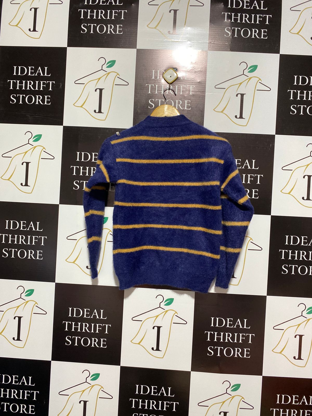 Vintage-Style Blue and Mustard Striped Jumper: Wool Blend, High Neck |S|BUST 17|