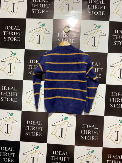 Vintage-Style Blue and Mustard Striped Jumper: Wool Blend, High Neck |S|BUST 17|