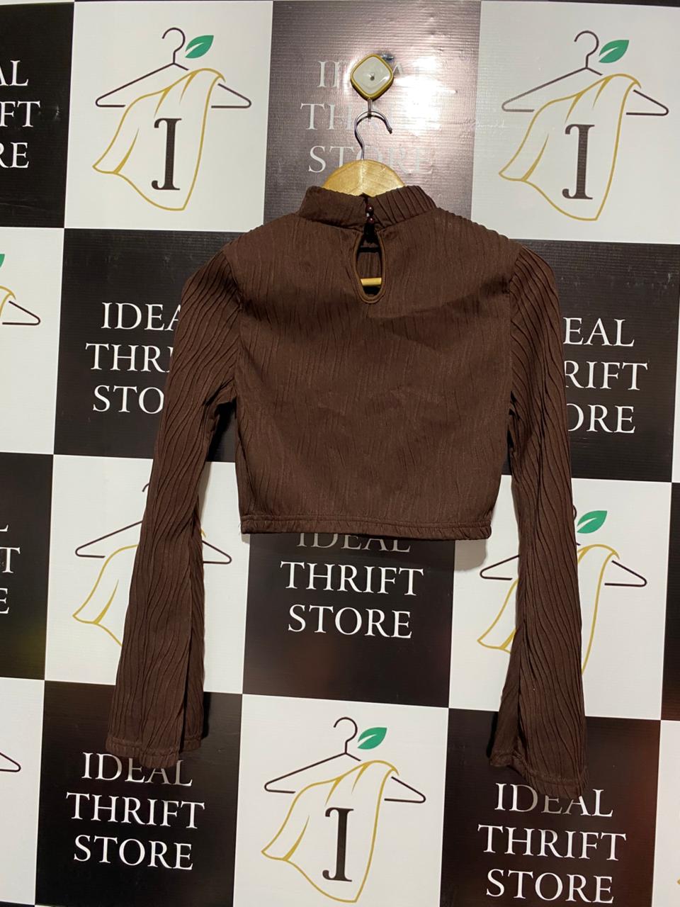 SHEIN|M|BUST 16|  brown textured mock-neck crop top with dramatic bell or flare sleeves