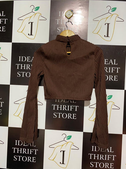 SHEIN|M|BUST 16|  brown textured mock-neck crop top with dramatic bell or flare sleeves