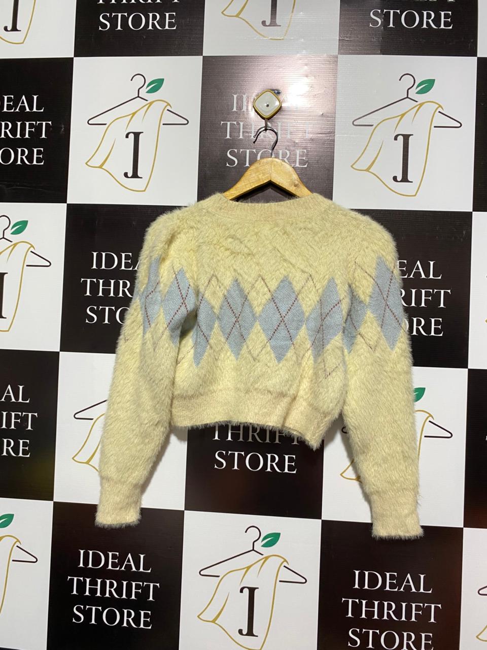 SHEIN|S|BUST 19| yellow fuzzy cropped argyle cardigan