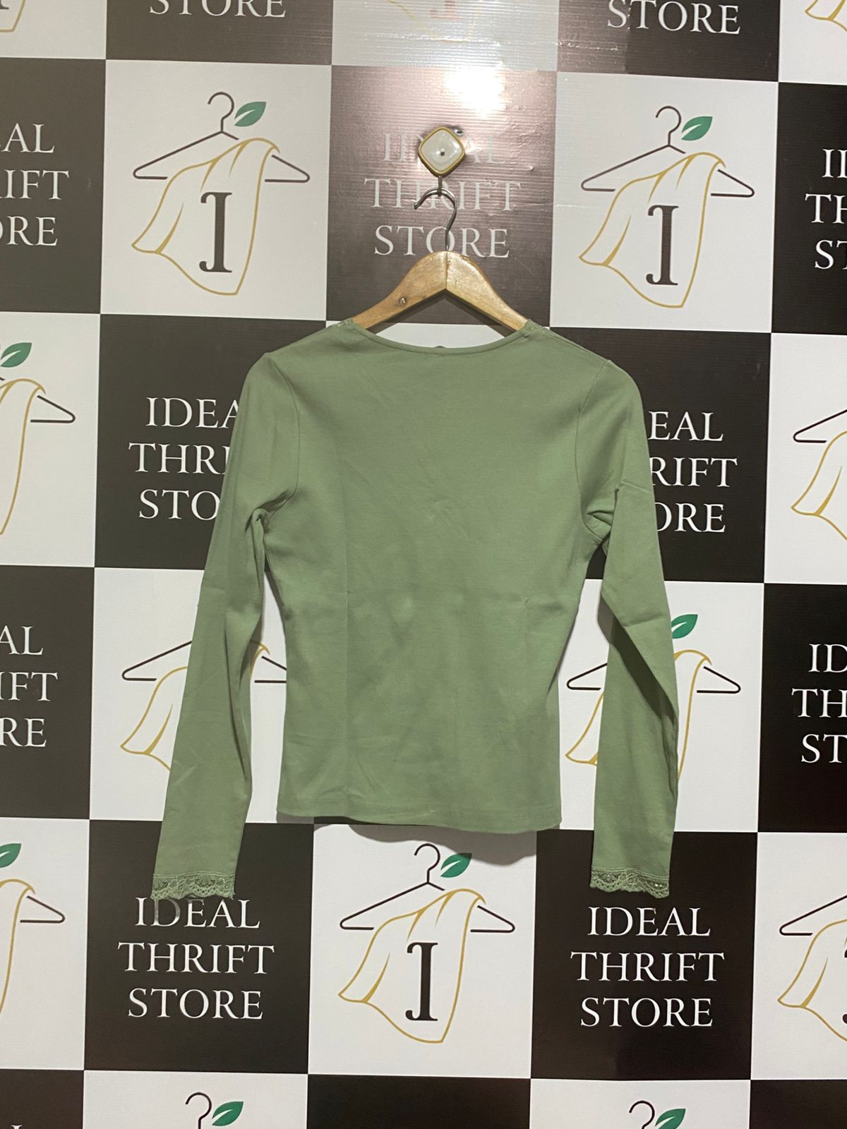 RIVER ISLAND |L| BUST 17| Women's Olive Green V-Neck Top with Lace Detailing