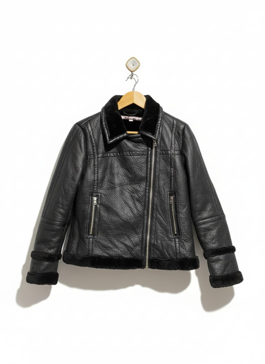 PETITES |M| BUST 19|Black Faux-Shearling Biker Jacket
