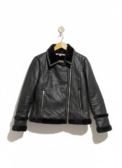 PETITES |M| BUST 19|Black Faux-Shearling Biker Jacket