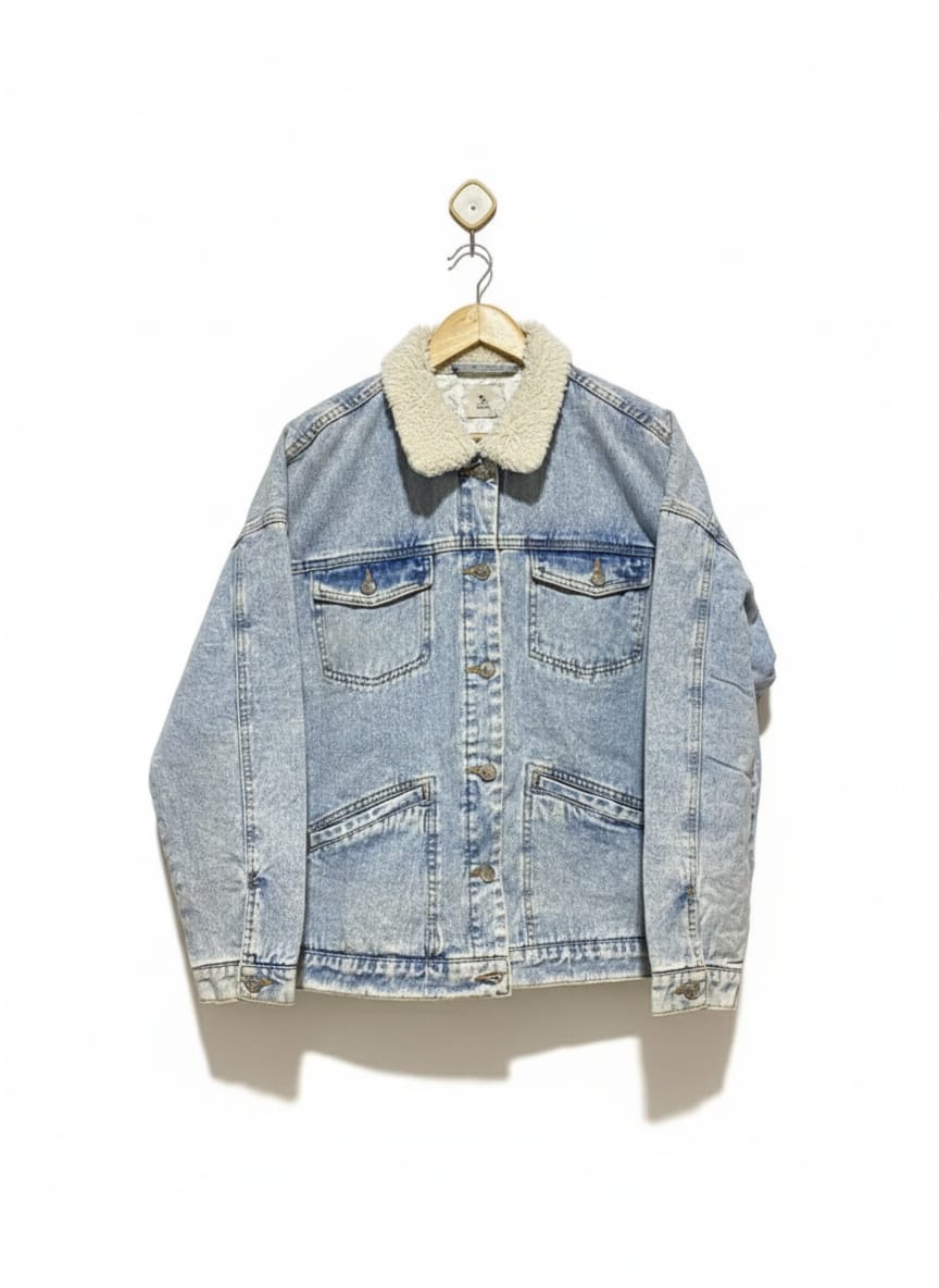 TU |L| BUST 26|  Oversized Light Wash Denim Jacket Borg Collar And Lining