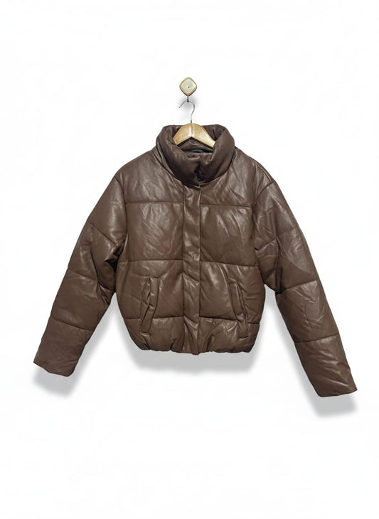 PRIMARK |S| BUST 22| Cropped Brown Faux-Leather Puffer Jacket