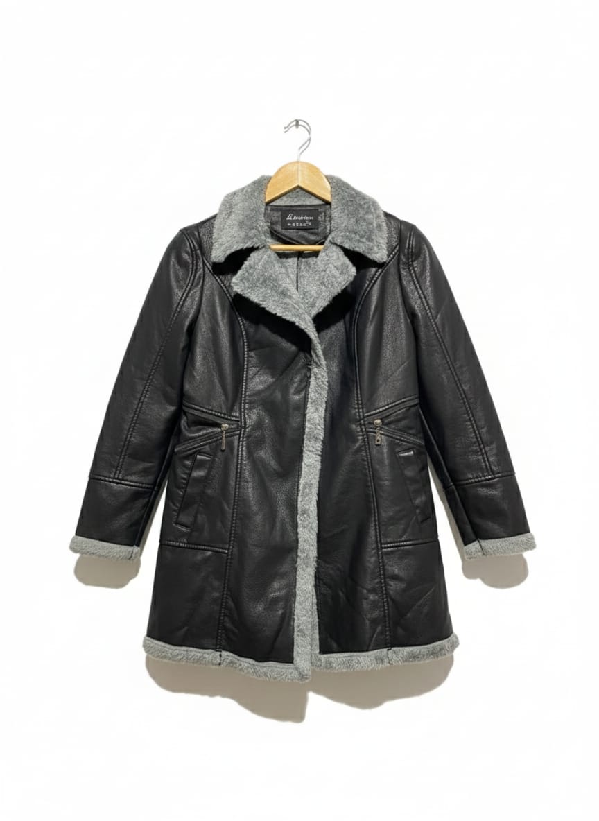 LEIZHIHUA| XXL| BUST 17| Black Faux-Leather Long Coat
