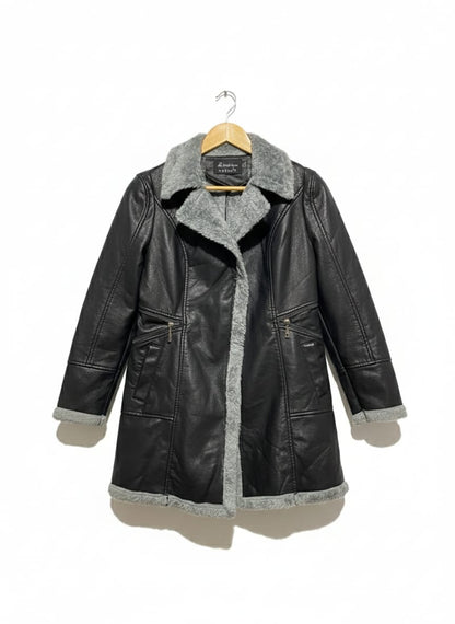 LEIZHIHUA| XXL| BUST 17| Black Faux-Leather Long Coat