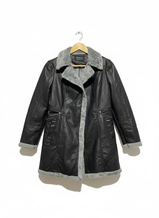 LEIZHIHUA| XXL| BUST 17| Black Faux-Leather Long Coat