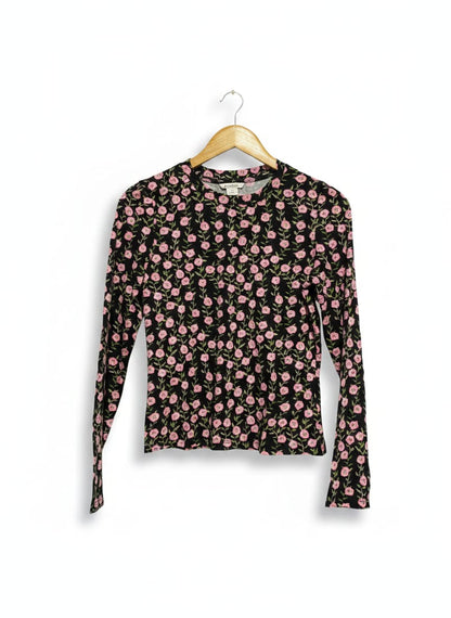 MONKI |S| BUST16| C1|  Black Long-Sleeve Top With a Pink Floral Print
