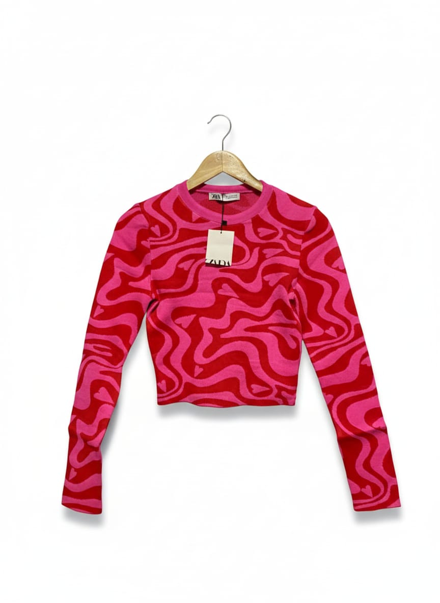 ZARA |S| BUST 15| Cropped Knit Top with a Pink and Red Swirl Pattern