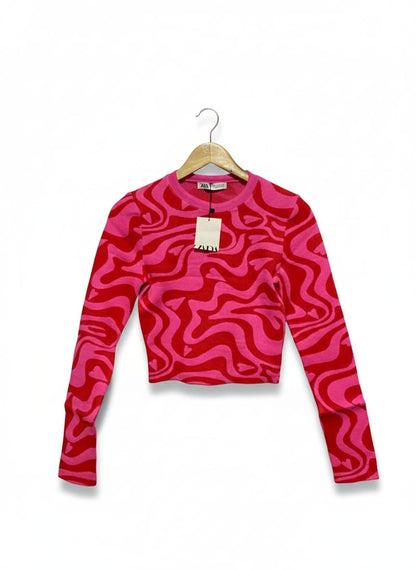 ZARA |S| BUST 15| Cropped Knit Top with a Pink and Red Swirl Pattern
