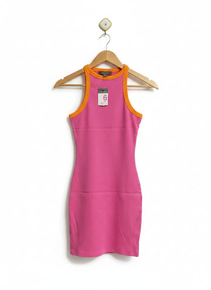 PRIMARK |XS/S| BUST 12| Fitted Ribbed Mini Dress Hot Pink with an Orange Contrast Trim