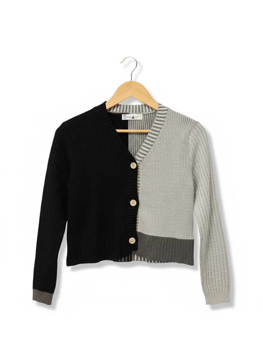 MINX & MOSS |M| BUST 17| Color-Block Cropped Cardigan in Black and Light Grey