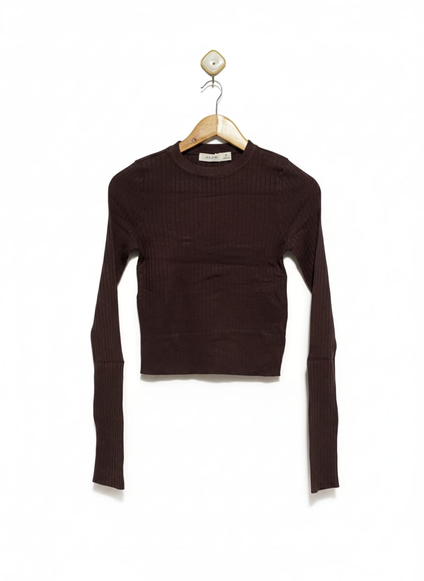 GLASSONS |M| BUST 14| Fitted Cropped Long-Sleeve Ribbed Top in a Deep Chocolate Brown