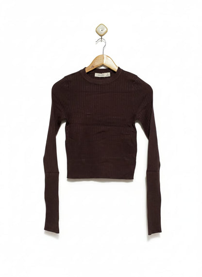 GLASSONS |M| BUST 14| Fitted Cropped Long-Sleeve Ribbed Top in a Deep Chocolate Brown