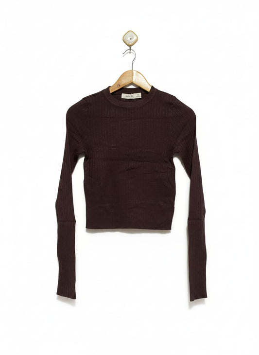 GLASSONS |M| BUST 14| Fitted Cropped Long-Sleeve Ribbed Top in a Deep Chocolate Brown
