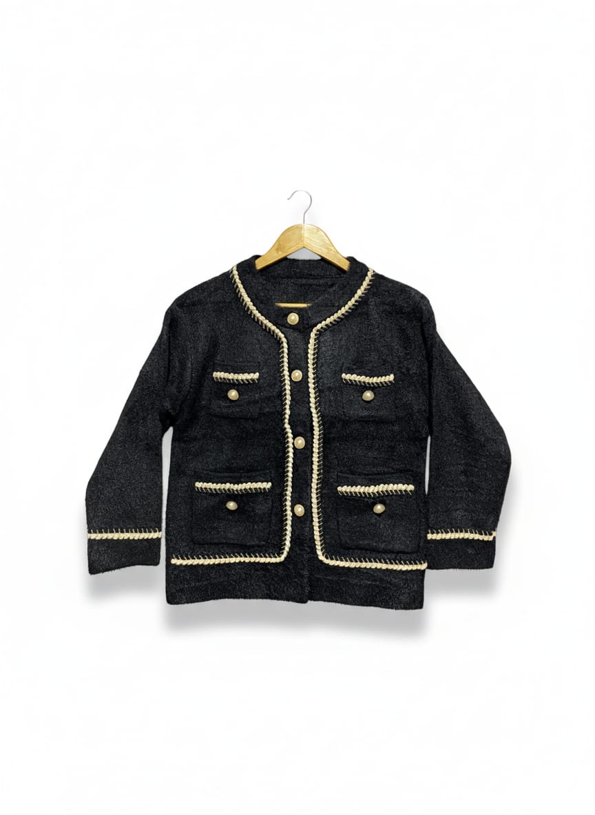 Black Tweed-Style Cardigan/Jacket with Gold and Contrast Trim |M| BUST 19|