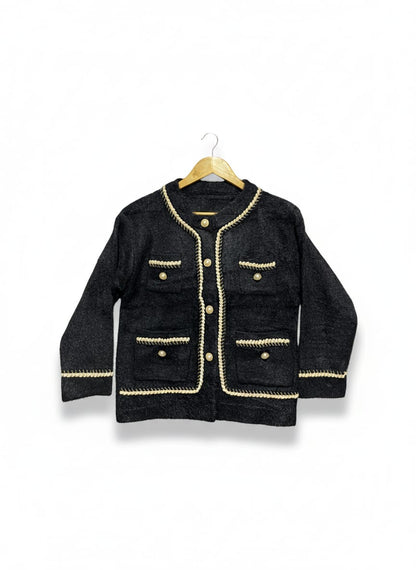 Black Tweed-Style Cardigan/Jacket with Gold and Contrast Trim |M| BUST 19|