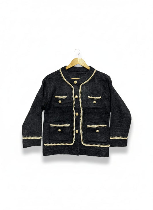 Black Tweed-Style Cardigan/Jacket with Gold and Contrast Trim |M| BUST 19|