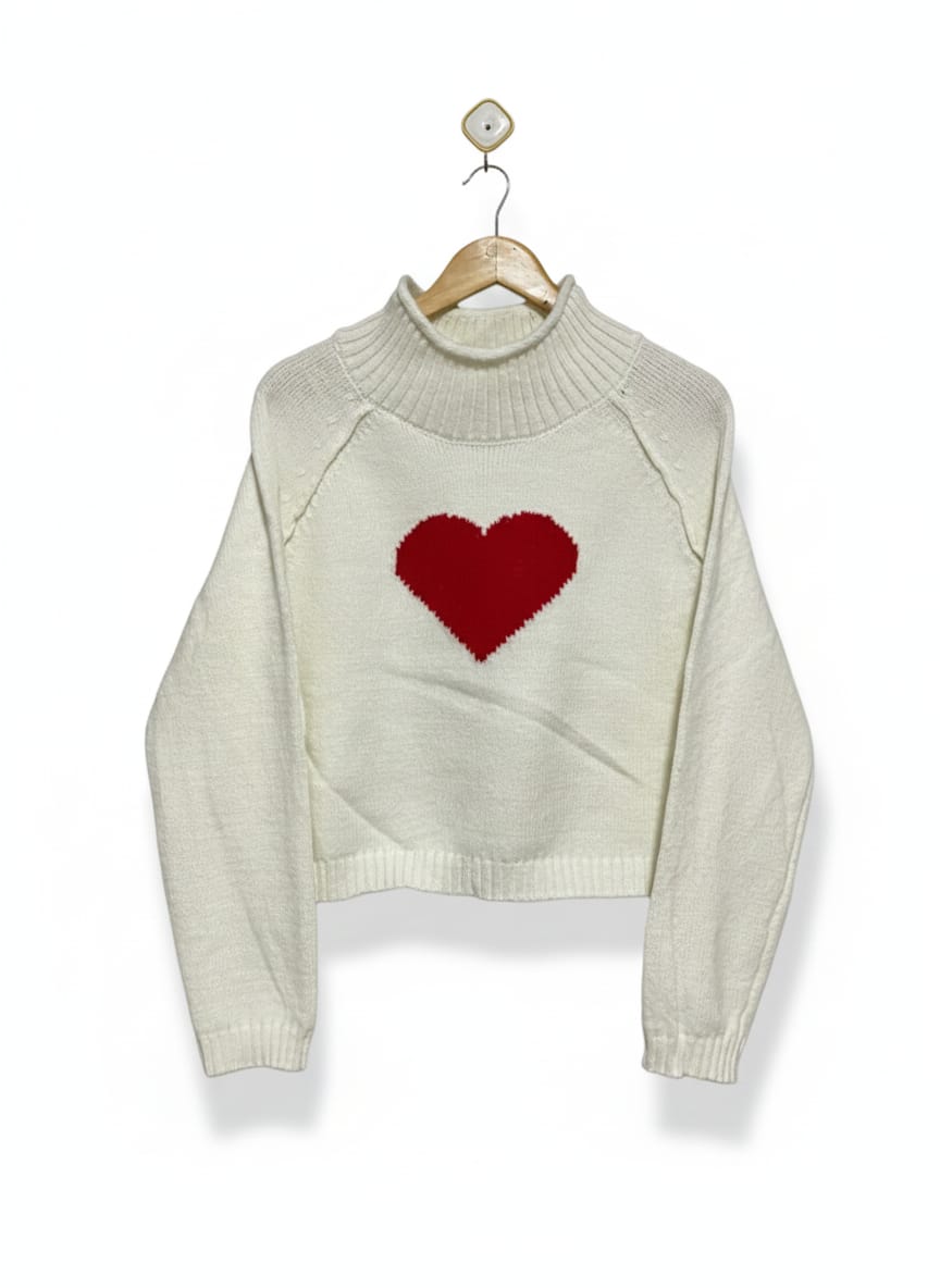 ANKO |XL| BUST 23| White Cropped Mock-Neck Sweater with a Red Heart Motif