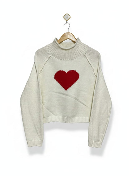 ANKO |XL| BUST 23| White Cropped Mock-Neck Sweater with a Red Heart Motif