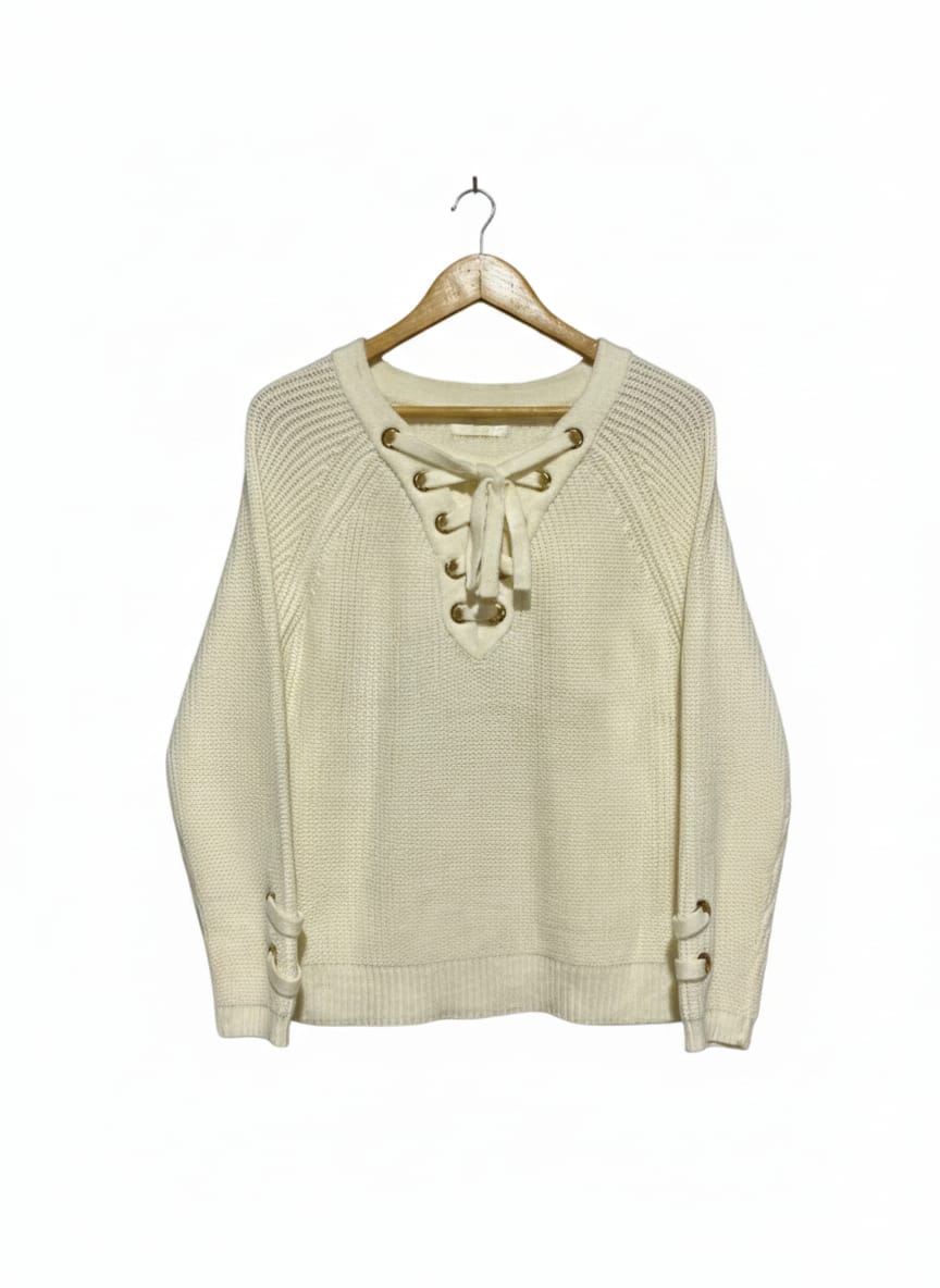 H Q |L| BUST 19| Chunky Knit Lace-Up Sweater in a Cream or Off-White