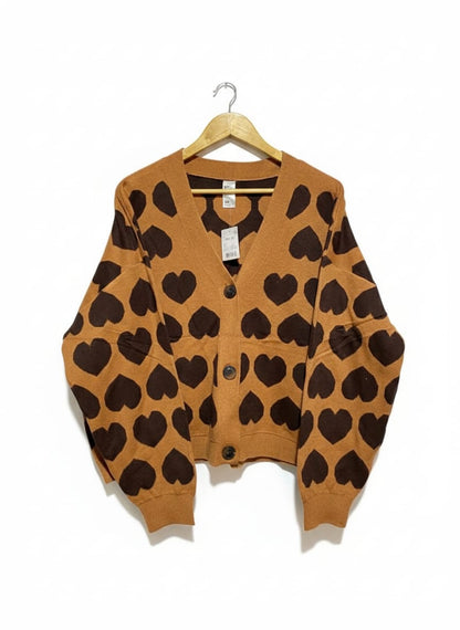 ANKO |XL| BUST 25| V-Neck Cardigan in Burnt Orange/Tan with a Dark Brown Heart Pattern