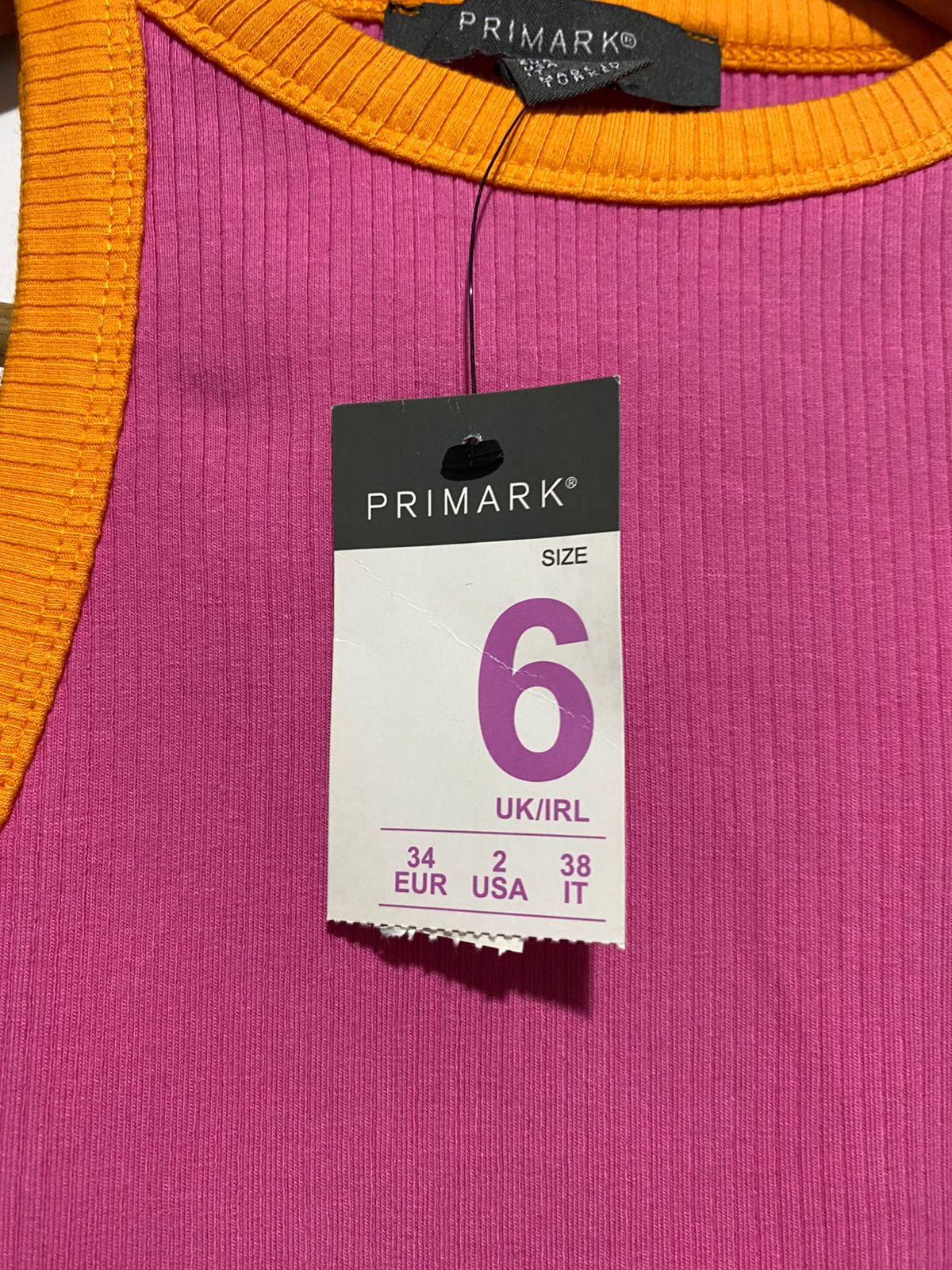 PRIMARK |XS/S| BUST 12| Fitted Ribbed Mini Dress Hot Pink with an Orange Contrast Trim