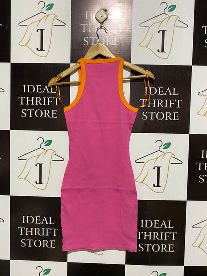 PRIMARK |XS/S| BUST 12| Fitted Ribbed Mini Dress Hot Pink with an Orange Contrast Trim