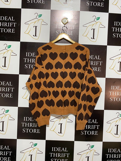 ANKO |XL| BUST 25| V-Neck Cardigan in Burnt Orange/Tan with a Dark Brown Heart Pattern