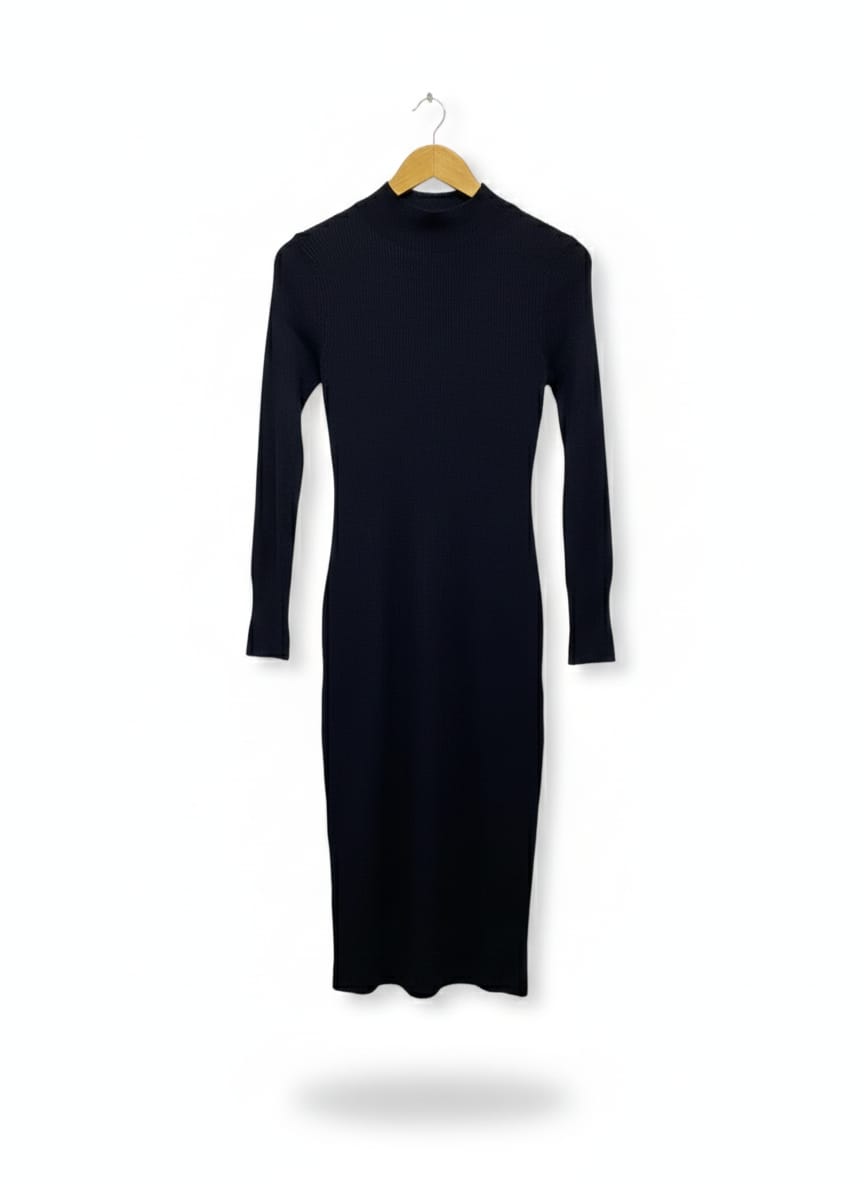 ALLY FASHION |M| BUST 15| Black Ribbed Knit Midi Dress