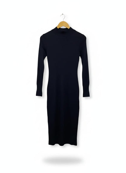 ALLY FASHION |M| BUST 15| Black Ribbed Knit Midi Dress