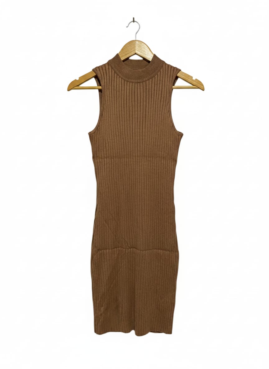 COTTON ON|XS| BUST 12| Fitted Ribbed Knit Mini Dress in a Warm Brown