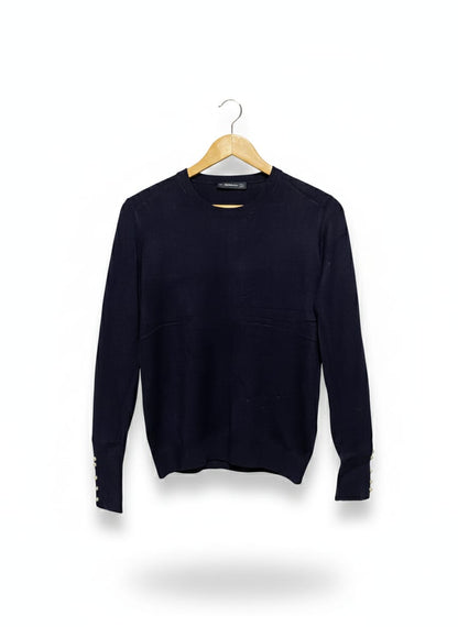 ZARA KNIT |L| BUST 17| Navy Blue Crewneck Sweater with Gold Button Cuffs
