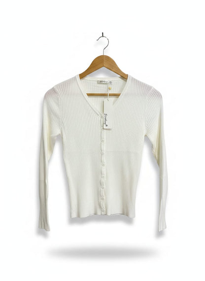 STRIKING| M/L| BUST 15| Fitted Ribbed Knit V-Neck Cardigan in a White or Cream